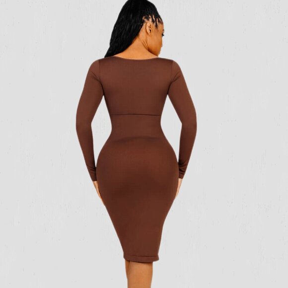Magic Sculpt Built-In Shapewear Dress, Long Sleeve Chocolate - Picture 2 of 8